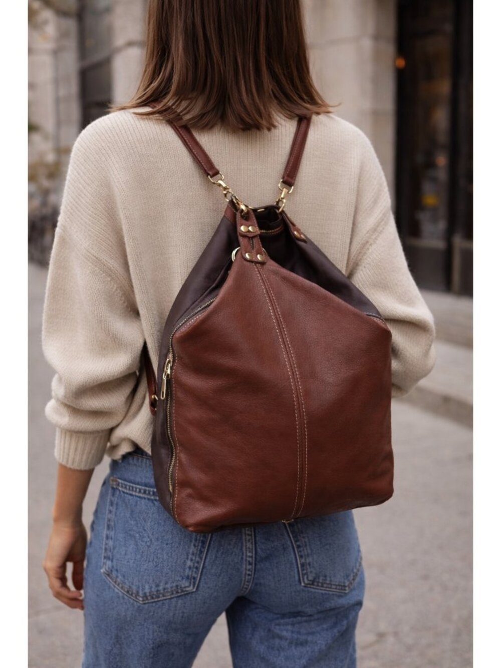 Isanti Italy Leather Backpack Brown Black Large Slouchy Minimalist Made In Italy